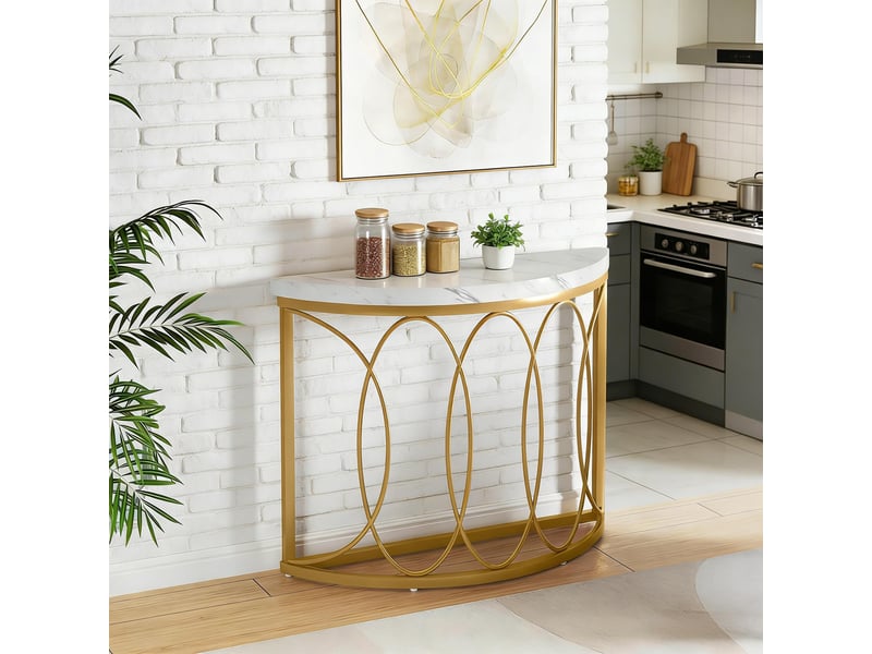  Console demi-lune, avec plateau et base ovale à 3 pieds, table d'entrée, marbre artificiel et métal, or et blanc  - Conforama D