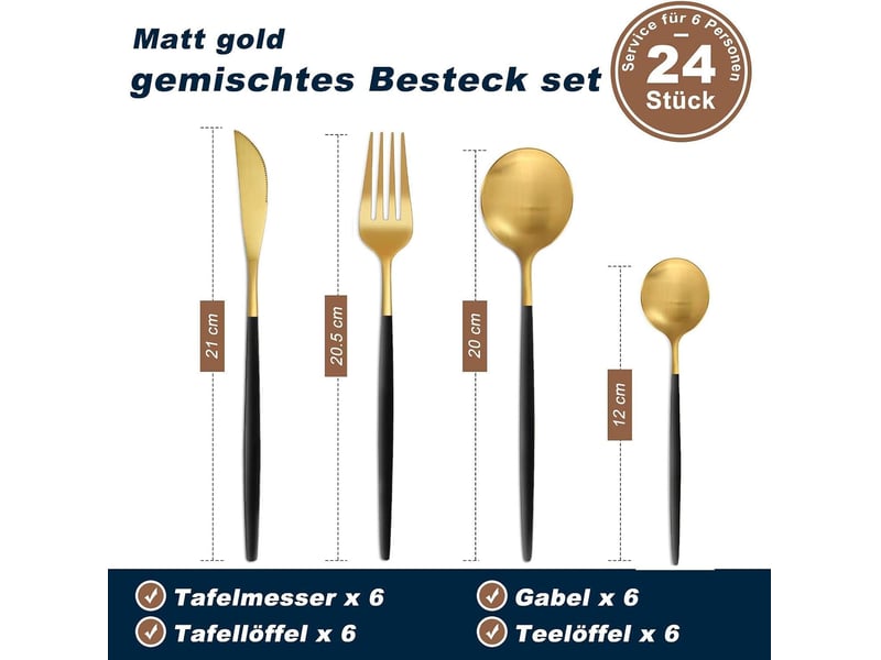 Set de couverts 6 personnes, 24 pièces couverts noirs dorés mats, composé de couteaux, fourchettes et cuillères OGS005968LL - Conforama B