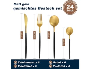 Set de couverts 6 personnes, 24 pièces couverts noirs dorés mats, composé de couteaux, fourchettes et cuillères