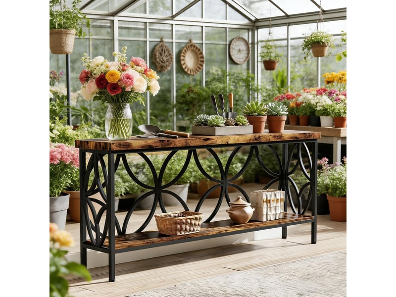  Console style industriel en bois et métal marron rustique et noir 160x29,5x80 cm  - Conforama B