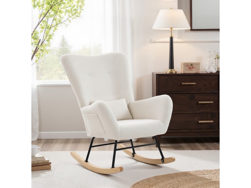  Fauteuil à bascule, rocking chair en peluche teddy avec dossier haut, coussin, pieds en bois d'hévéa, crème  - Conforama D