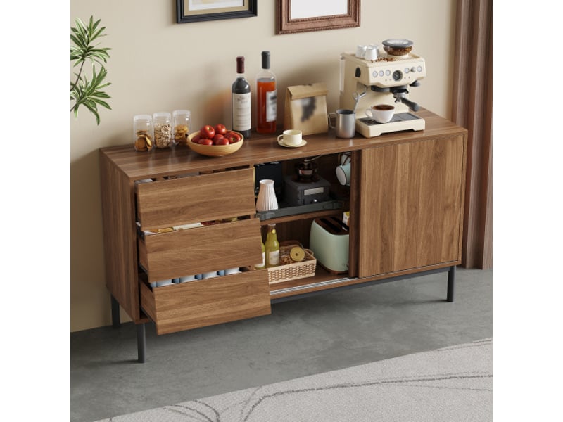 Buffet 150x40x80 cm naturel, 3 tiroirs, 2 portes coulissantes, grand plateau et rangement fermé, mdf - Conforama D