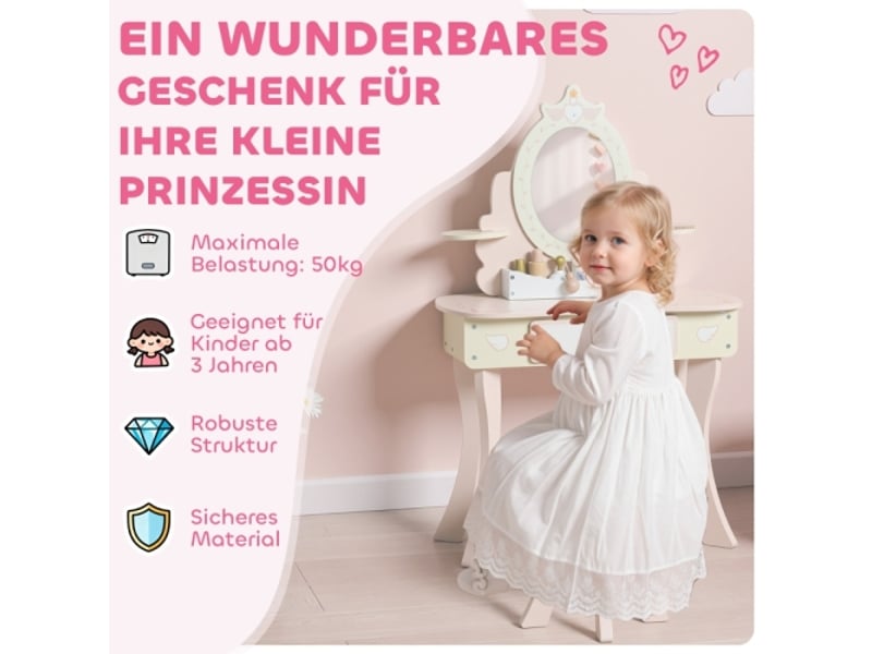 Coiffeuse enfant 2 en 1 rose, avec chaise, tiroir, miroir amovible et 7 accessoires, mdf - Conforama B