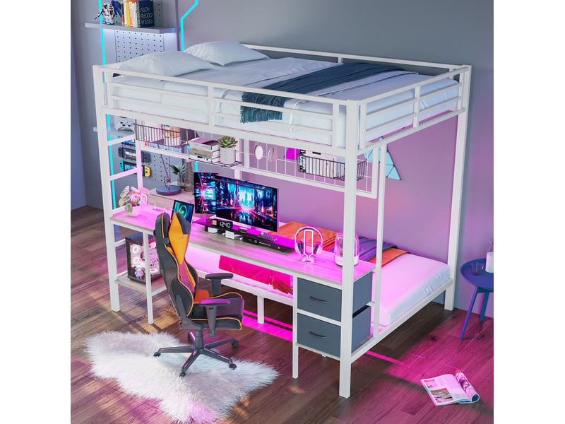  Lit mezzanine tcqpz 140 x 200 cm avec bureau, tiroirs, étagères, led 7 couleurs, usb, sans matelas, blanc  - Conforama E