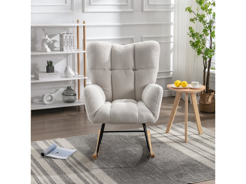 Fauteuil à bascule blanc en tissu teddy, rocking chair moderne capitonné pour salon et chambre, pieds bois - Conforama B