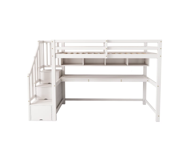  Lit jeune - avec rangement - couchage 90x200 cm - bois massif - blanc - pour chambre d’enfant 252x95x165cm - Conforama A
