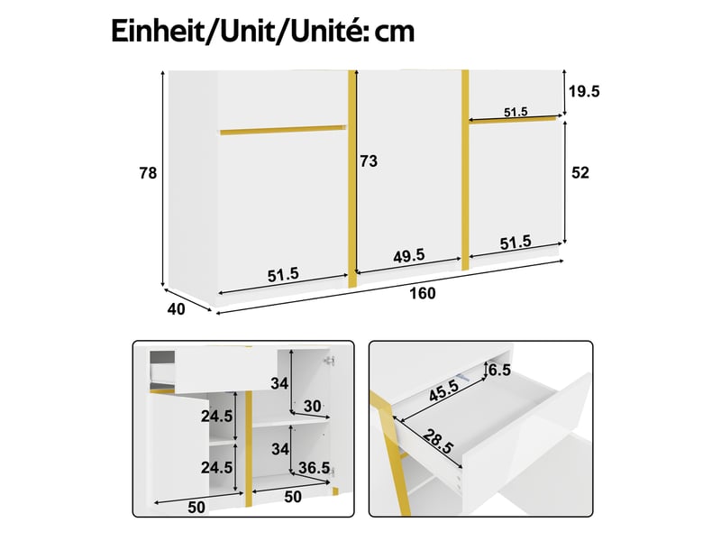  Buffet de rangement 3 portes 2 tiroirs avec étagères réglables - lpospi - finition brillante mdf blanc 160 × 40 × 78 cm  - Conforama D