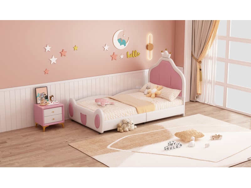  Lit enfant rembourré 90x200 cm avec tête de lit, lit simple avec sommier à lattes, lit 1 personne, blanc  - Conforama E