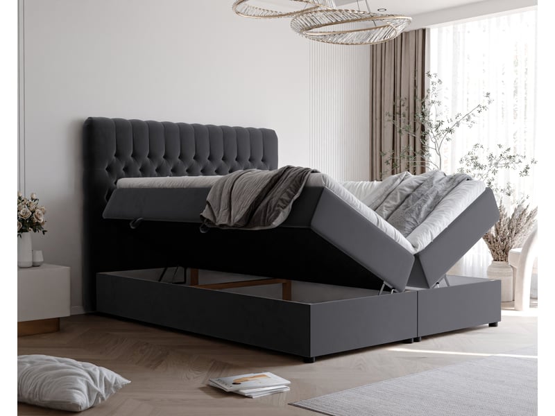  Lit adulte alba - 160x200 cm - matelas ressorts + surmatelas - coffre de rangement - velours doux hydrofuge gris foncé ALBA - Conforama C