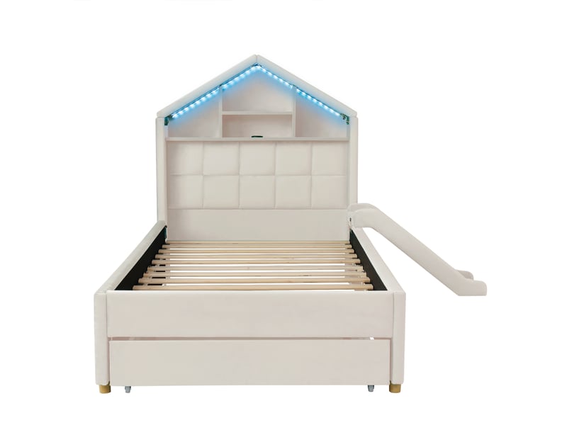  Lit enfant 90x200 en velours avec toboggan,led,chargeur, rangement tête de lit, grand coffre,cadre de lit cabane,beige  - Conforama D