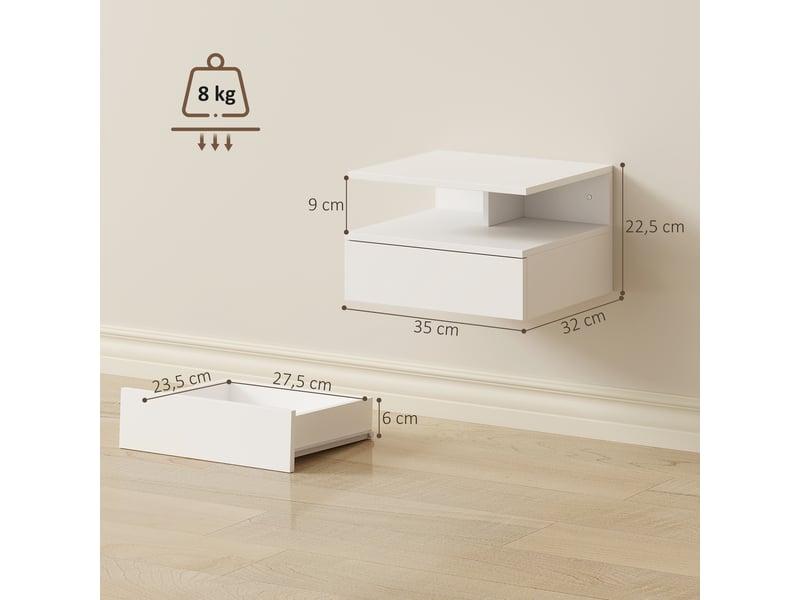  Lot de 2 tables de chevet murales, tables de nuit suspendues avec tiroir, 35x32x22,5cm, étagère ouverte, blanc  - Conforama C