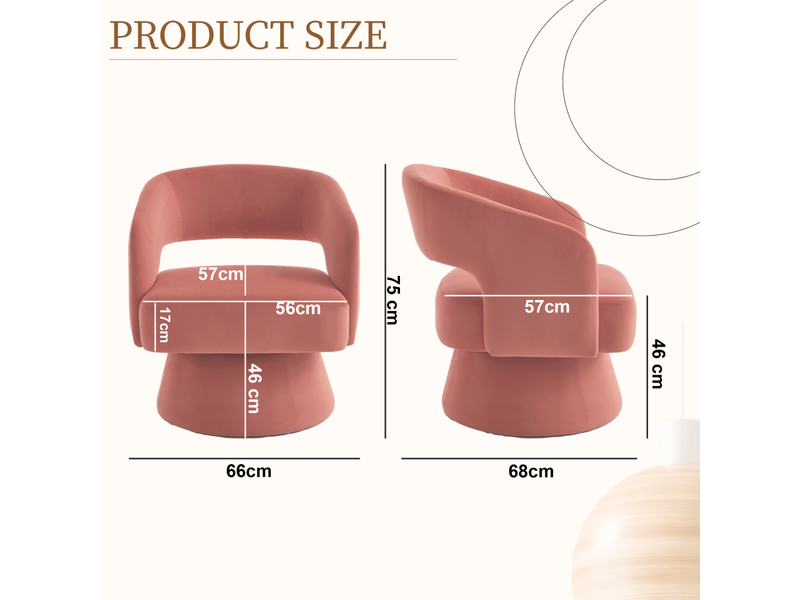  Fauteuil pivotant lexicon 360° - 68x66x75cm - design arrondi dos ouvert, assise moelleuse et base métal - rose poudré  - Conforama E