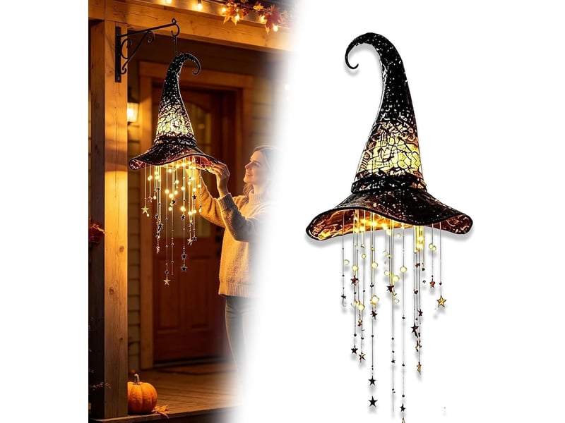 1 pièce décoration halloween suspendue, chapeau de sorcière lumineux led pour porche, entrée, jardin et terrasse, intérieur et extérieur - Conforama A