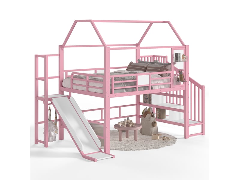  Lit mezzanine enfant 140x200 avec toboggan et led bluetooth homvra  - Conforama A
