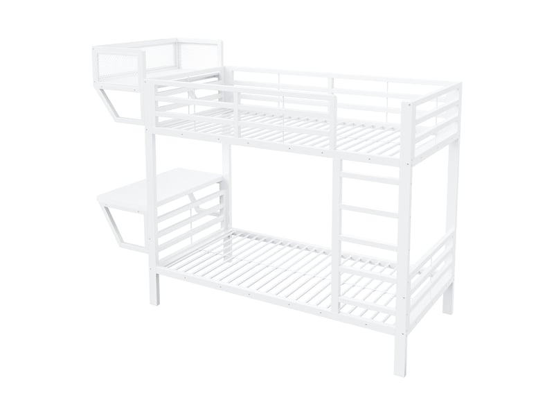  Lit mezzanine 90 x 200 cm avec bureau et étagères de rangement, lit simple en métal blanc avec sommier à lattes et espace de travail intégré  - Conforama E