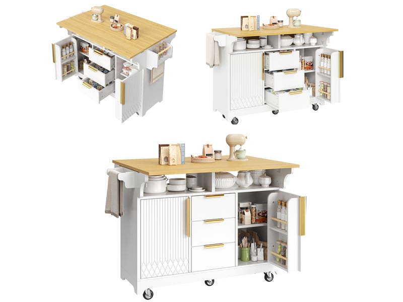 Îlot de cuisine extensible 120-197 cm sur roulettes, plateau rabattable des deux côtés, 3 tiroirs, placard et tablettes réglables - blanc - Conforama A