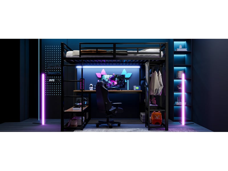  Lit mezzanine 140x200 cm, lit enfant, rangement, penderie, led, port usb, bois et métal noir  - Conforama W