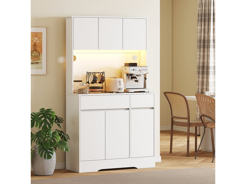  Buffet de cuisine, meuble de rangement haut avec éclairage led rgb, plan de travail, 6 portes, 2 tiroirs, blanc  - Conforama D