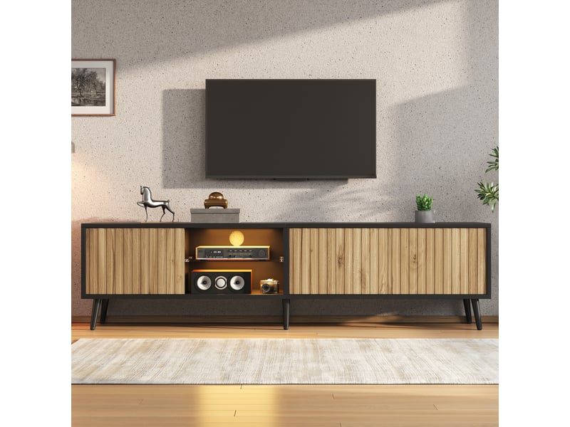  Meuble tv led 175x31x43,5 cm avec 3 portes, verre trempé et 6 pieds, grand rangement, bois naturel evarich - Conforama B