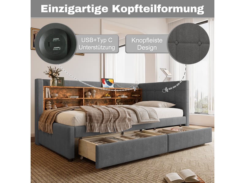  Lit banquette gris 90x200 cm en lin avec 2 tiroirs, ports usbtype-c et étagères  - Conforama D