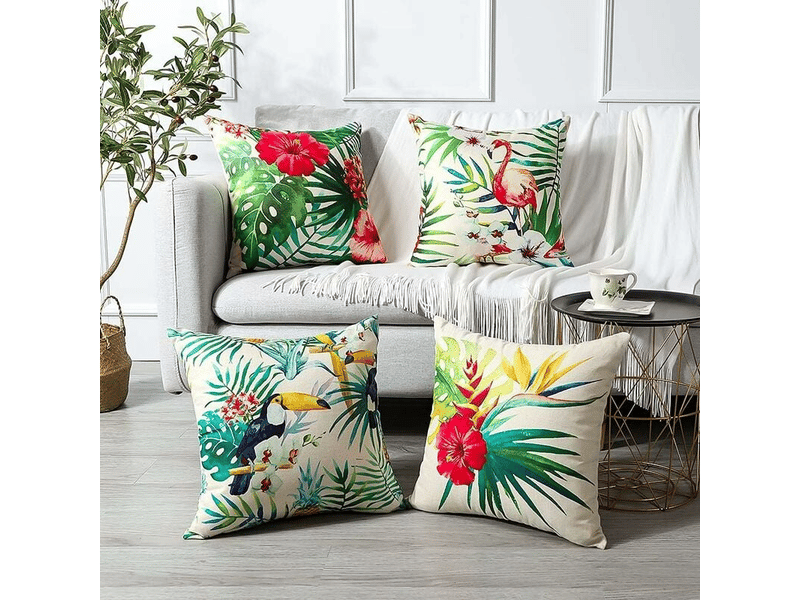  Lot de 4 housse de coussin - 45 x 45 cm, lot de 4 housses de coussin d'extérieur imperméables à motif plantes tropicales, fleurs et oiseaux, housse de coussin, vert  - Conforama D
