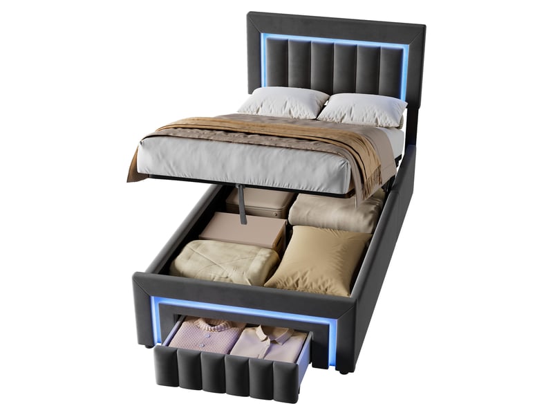 Lit rembourré 90×200 avec coffre, lit fonctionnel type boxspring avec led et tiroirs, en velours gris, sans matelas  - Conforama A