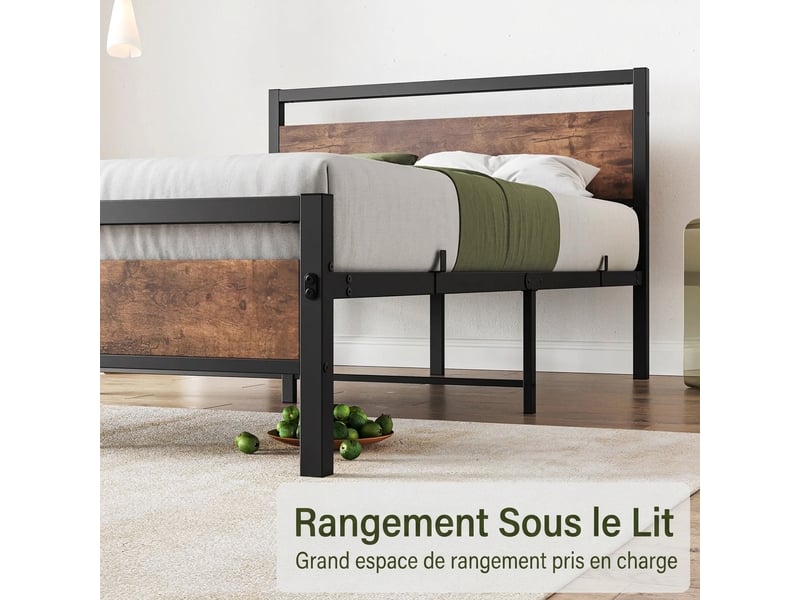  Cadre de lit 120x200 cm en métal et bois avec sommier à lattes - rangement sous lit 27 cm charge 400 kg  - Conforama D