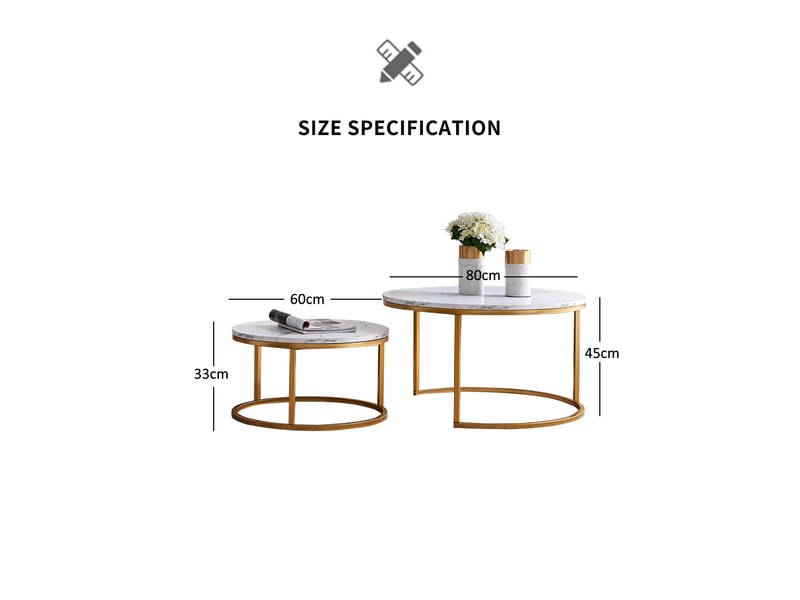 Table basse ronde – set de deux – bois cadre doré – plateau effet marbre – 80+60 cm - Conforama C