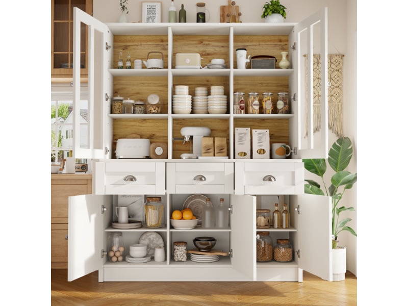 Armoire de salon blanche 140x38,5x175 cm, avec vitrine et tiroirs, design minimaliste pour le séjour ou la salle à manger  - Conforama R