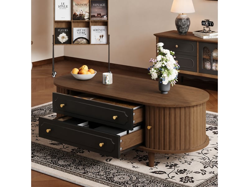  Table basse avec deux tiroirs, effet noyer et noir, 100 x 50 x 36 cm  - Conforama C