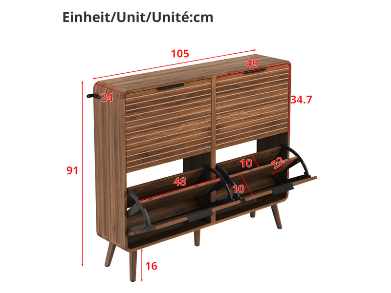  Meuble à chaussures 105 x 24 x 91 cm, 4 abattants pour 18 à 24 paires, armoire d'entrée étroite, façades à lattes, coloris noyer ABC - Conforama C