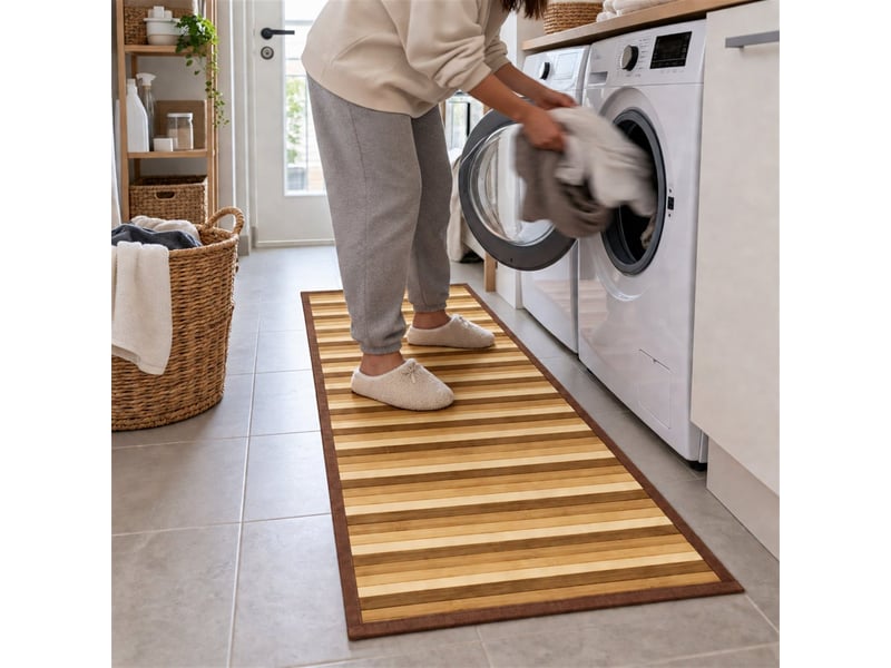  The white stone tapis en bambou dégradé 55x280 cm beige | tapis de cuisine et salle de bain antidérapant | tapis en bambou avec dos antidérapant et bordure en polyester  - Conforama D
