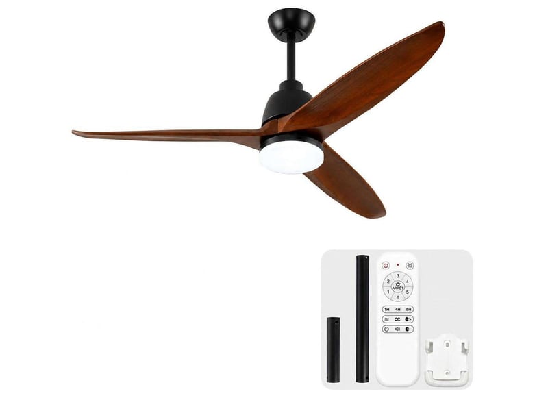  Ventilateur de plafond 56 pouces de hyundai, avec éclairage et télécommande, trois pales en bois massif, 3cct, ventilateur réversible à six vitesses, fonction mémoire, idéal pour la décoration intérieure  - Conforama A