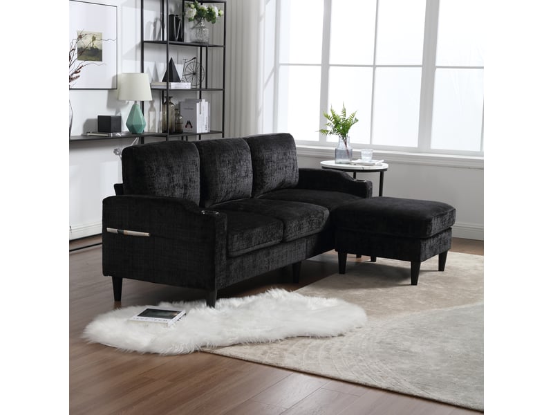  Canapé 4 places 196,5 x 75 x 77 cm avec pouf, rangement, accoudoirs confortables, porte-gobelets, poches latérales, pieds plastique, velours , noir Bliss Lite - Conforama E