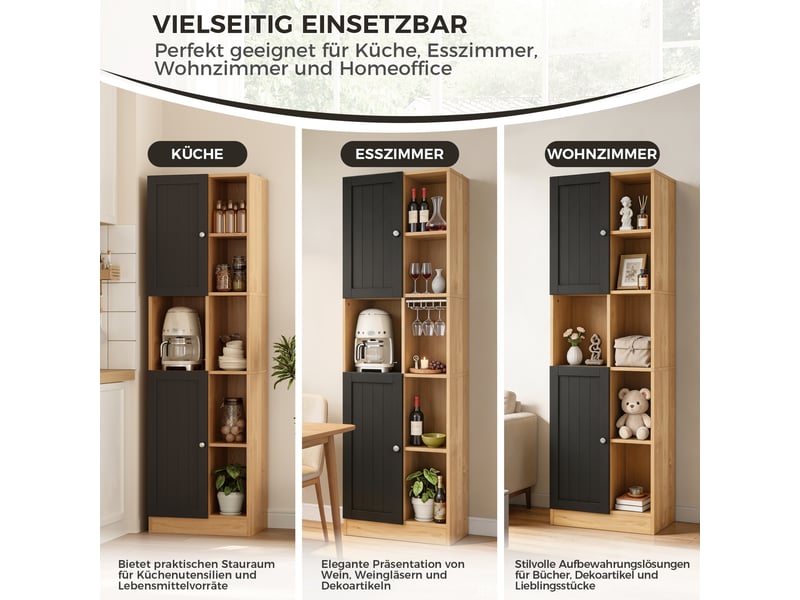 Armoire d'angle cuisine meuble d'angle haut avec 6 étagères ouvertes et 2 portes, anthracite et chêne, 50x35.5x170cm - Conforama D