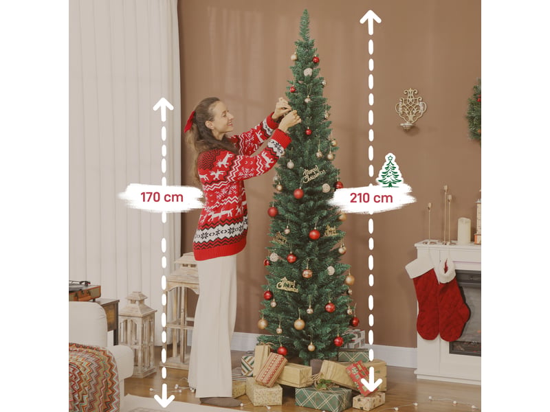  Sapin de noël artificiel mince de 210 cm avec 401 branches en forme de sapin, base en plastique, vert  - Conforama C