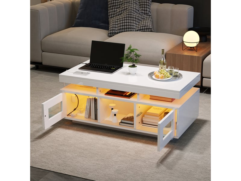  Table basse blanche brillante 100x50x43 cm avec led rgb et prise usb  - Conforama B