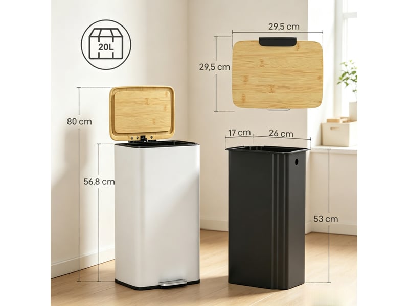 Poubelle de cuisine 20 l blanche en métal avec couvercle en bambou, pédale et fermeture douce, seau amovible - Conforama C