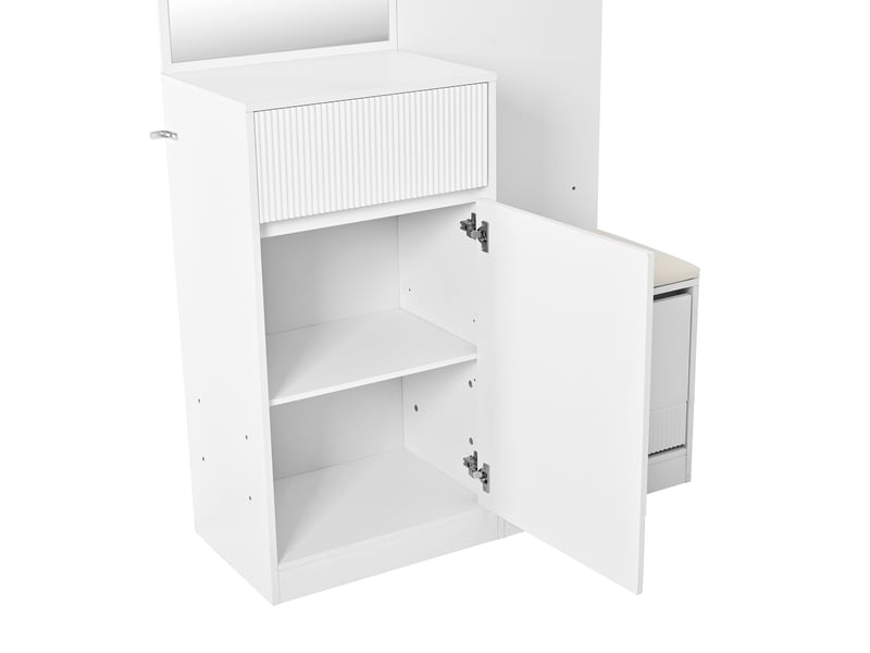  Meuble d'entrée avec miroir, banc, rangement à chaussures, crochets, éclairage led pour couloir, blanc, 105 × 38 × 190 cm  - Conforama E