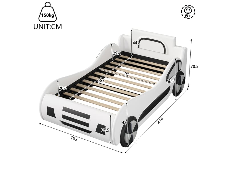  Lit voiture enfant 90x200 cm, lit simple rembourré, coffre hydraulique, rangement, sommier, simili pu (sans matelas), blanc CozyNest - Conforama C