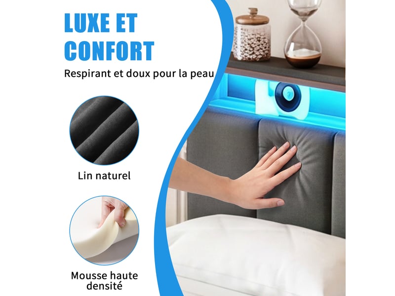  Lit double 140x190 avec led et tiroir, lit coffre avec 2 tiroir et led lit 2 places avec rangement et tête de lit rembourré cadre de lit capitonnée avec 2 tiroirs lit 2 personnes lin gris, sans matelas  - Conforama E