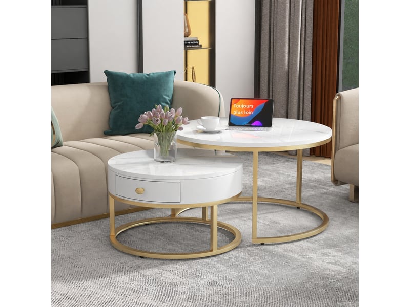 Lot de 2 tables basses rondes gigognes, effet marbre, structure métal doré, blanc brillant - Conforama B