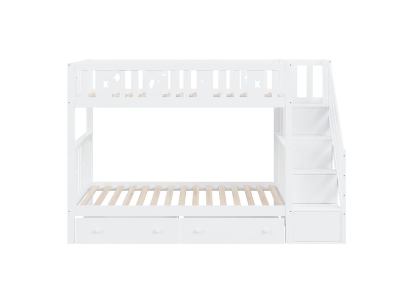  Lit superposé enfant 90 x 200 + 90 x 200 cm escalier de sécurité escalier de rangement 2 grands tiroirs bois massif blanc  - Conforama A