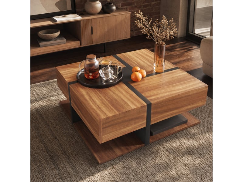  Table basse carrée avec 4 tiroirs et étagère basse – noir et décor bois – 78 x 78 x 36 cm  - Conforama C