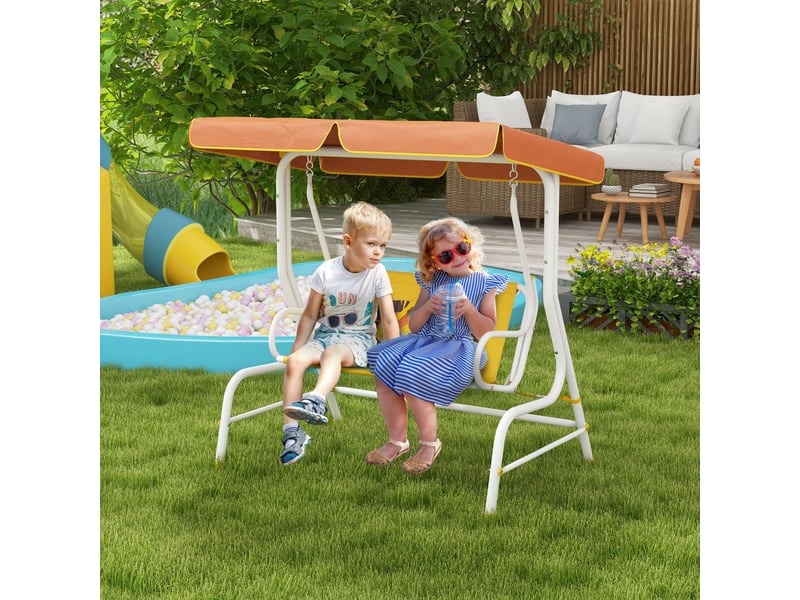 Balancelle de jardin 2 places à motif lion, auvent inclinable, charge maximale 60 kg, 110 x 70 x 110 cm, jaune - Conforama B