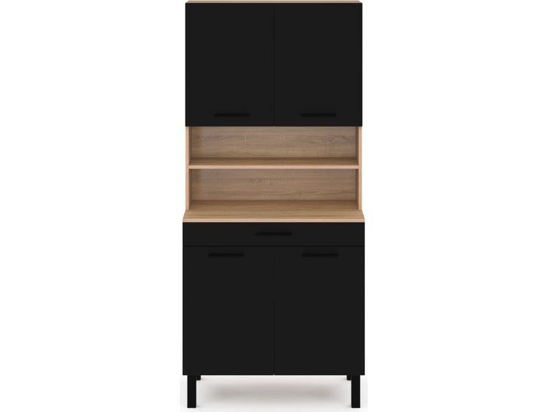 ID Market Buffet Cuisine 80 Cm IDMarket CINA - 4 Portes Tiroir, Noir Et Hêtre - Rangement XL Pour Cuisine Et Salon Pas Cher