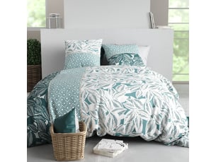 Parure housse de couette 240x220cm + 2 taies motif feuillage vert et blanc 100% coton - olize