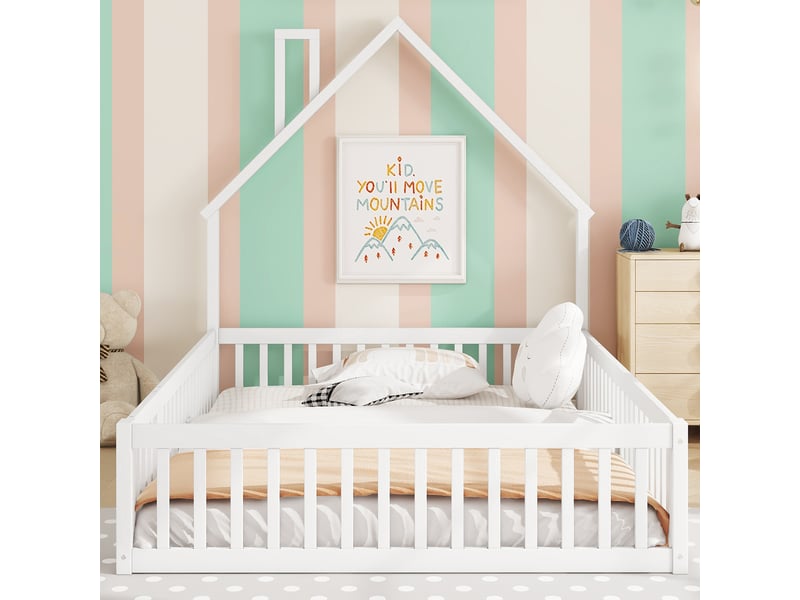  Lit enfant 140x200 cm forme maison avec cheminée et barrières blanc  - Conforama B