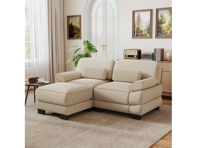  Canapé modulable 2 places 194x161x94 cm avec pouf en velours côtelé beige  - Conforama D