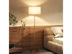 Lampadaire réglable en hauteur, métal doré, abat-jour tissu, télécommande, variateur et interrupteur au pied